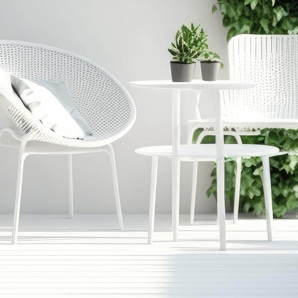 Modern balcony sitting area decorated with green plant and white wall Modern balcony sitting area decorated with green plant and white wall. superlative generative AI image.