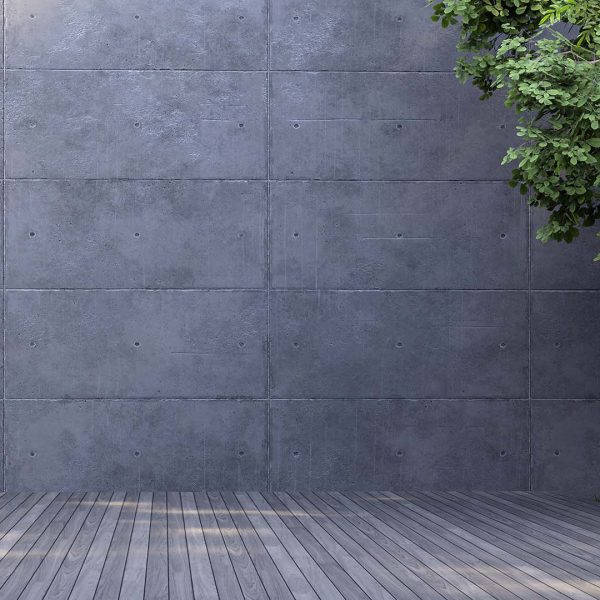 A large empty wooden terrace, loft style, between the living room and the garden 3d render A large empty wooden terrace, loft style, between the living room and the garden 3d render, there are gray plank floor and blank concrete wall for copy space.